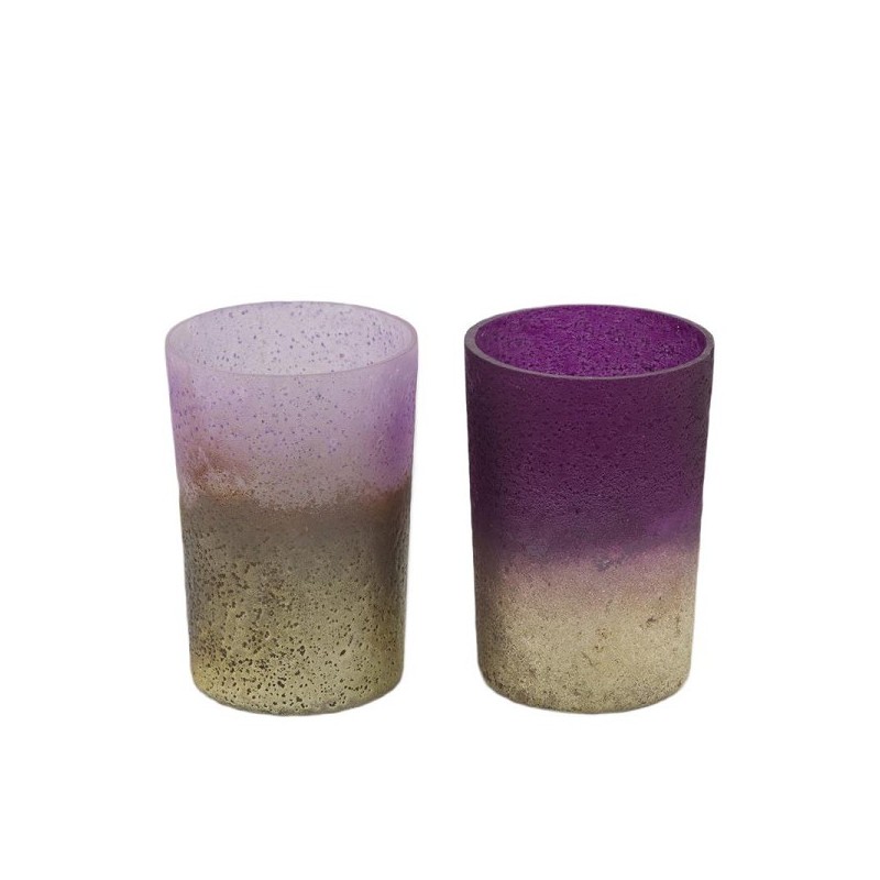 Theelichthouder glas 6x6x8cm paars/goud