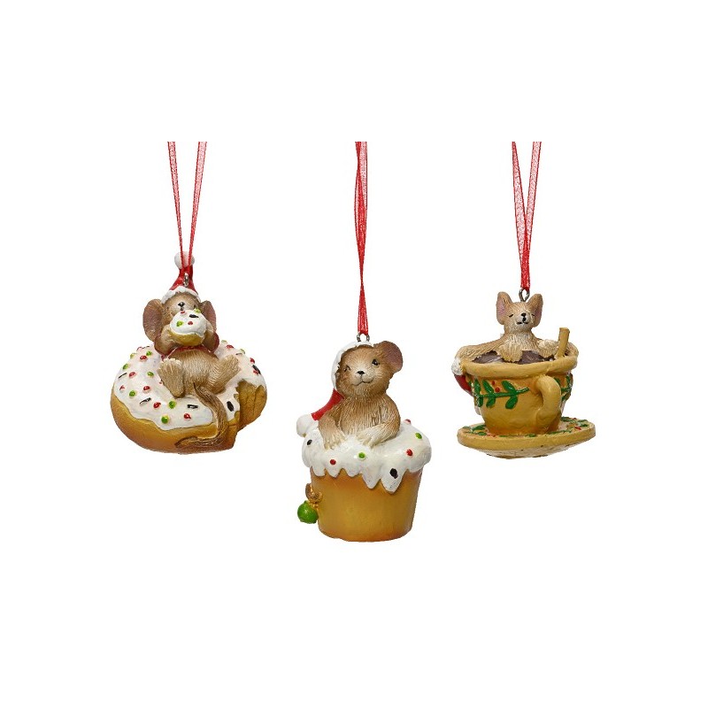 Decoris Kersthanger Muis polyresin op donut, cupcake of in kopje - L5,7cm- B6,5cm-H5 cm