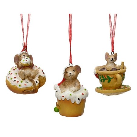 Decoris Kersthanger Muis polyresin op donut, cupcake of in kopje - L5,7cm- B6,5cm-H5 cm