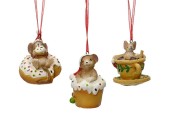 Decoris Kersthanger Muis polyresin op donut, cupcake of in kopje - L5,7cm- B6,5cm-H5 cm