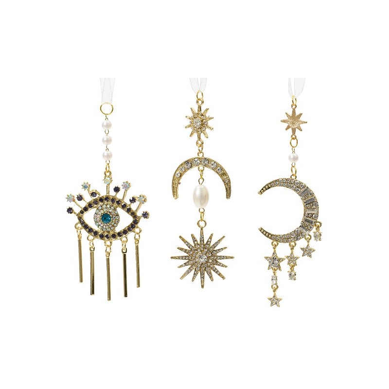 Decoris Hangdeco metaal Goud met glitterkralen- verkrijgbaar in Zon, Maan of Oog- H12cm B5cm