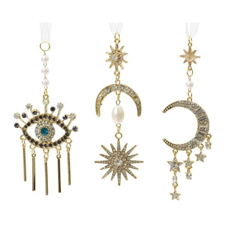 Decoris Hangdeco metaal Goud met glitterkralen- verkrijgbaar in Zon, Maan of Oog- H12cm B5cm