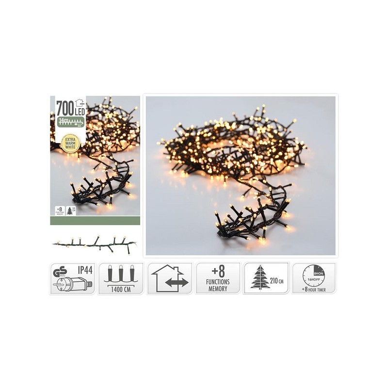 Microcluster Kerstverlichting 700 led 14m extra warm wit met 8 uur timer en 8 functies