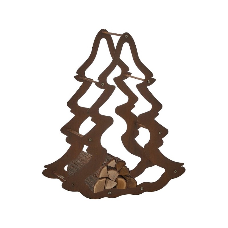House of Seasons openhaardhout houder dennen-/ kerstboom vorm roestig metaal  - 62x25x52cm