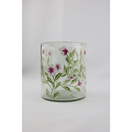 Windlicht glas met roze bloemen 13x13x15cm