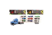Vrachtauto frictie 58cm met oplegger en 9 auto's 3 assorti kleuren