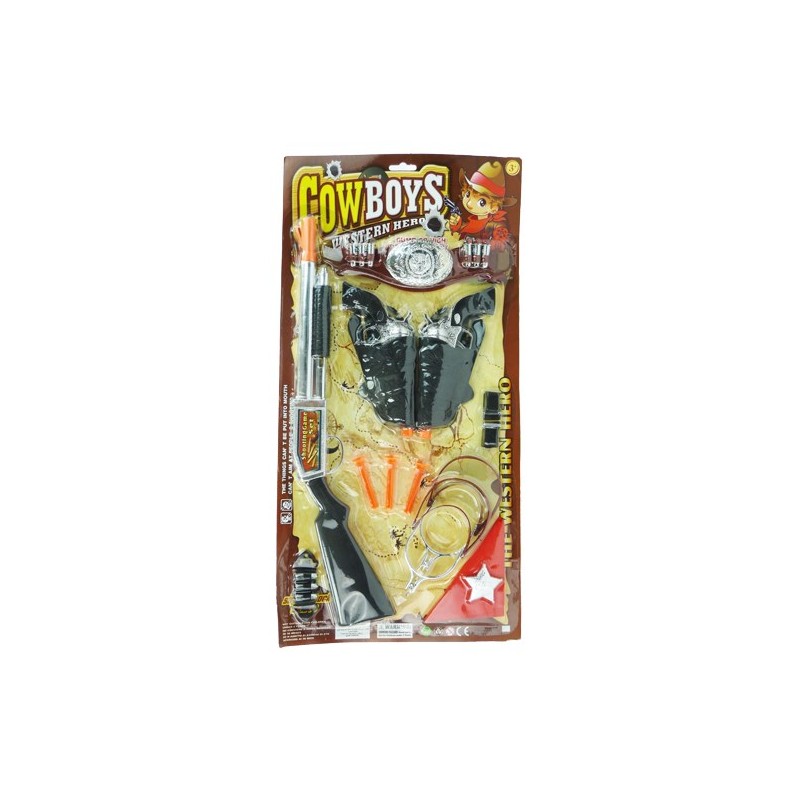 Cowboyspeelset met pistolen, geweer sporen en sherrifster.