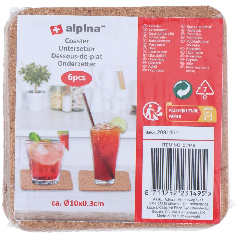 Alpina sous-verres en liège 6 pièces Ø10cm carrés ou ronds