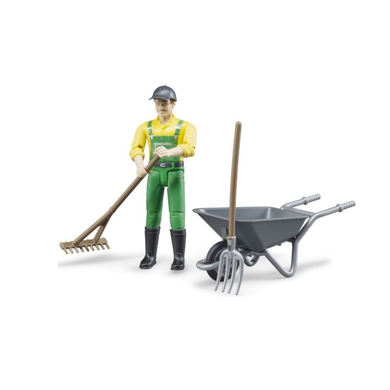Figurine Bruder Primal avec brouette, fourchette et râteau