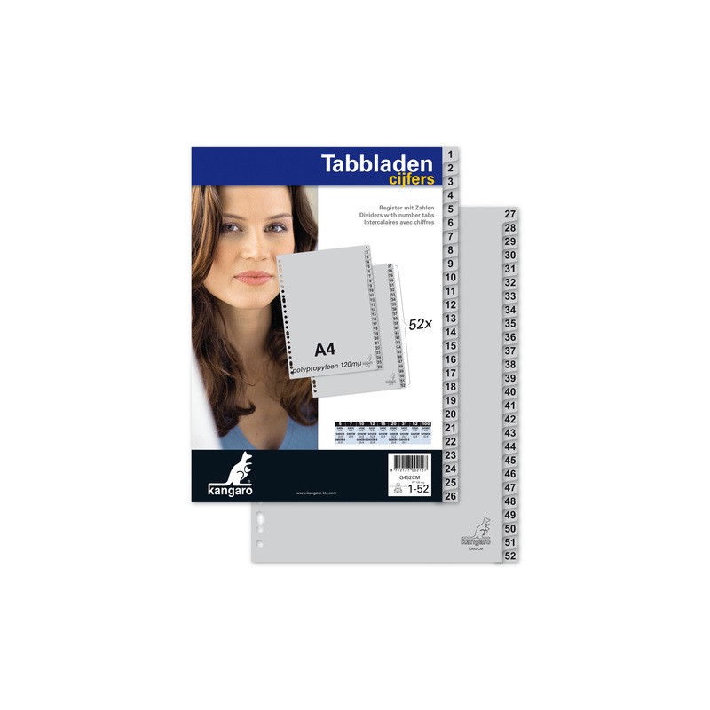 Kangaro Tab A4 chiffres PP 120 microns gris 23 trous 52 pièces