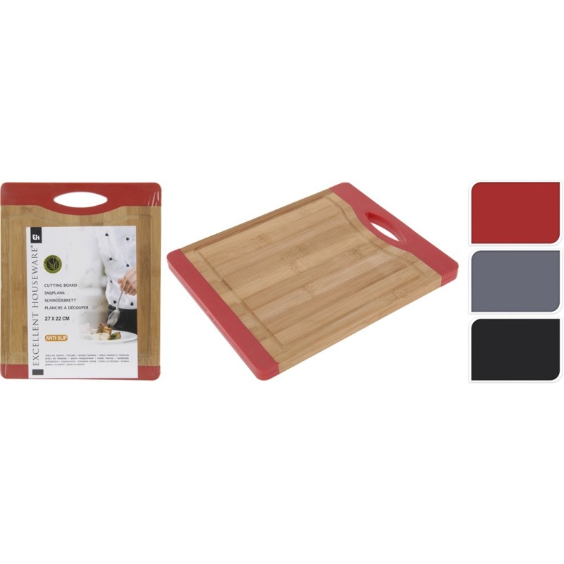 Planche à découper Bambou 27x22cm avec manche en plastique, disponible en 3 couleurs différentes