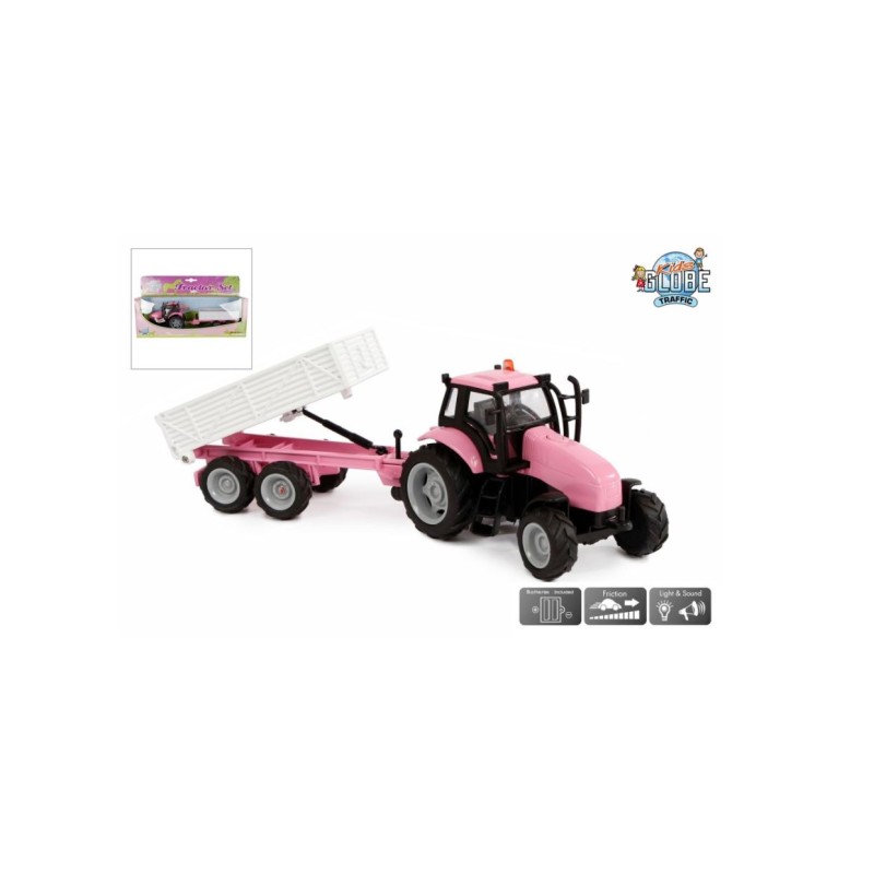 Kids Globe Tractor met aanhanger met licht en geluid die cast rose